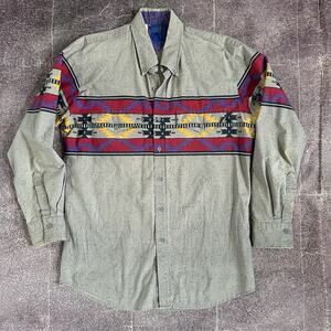 Men's Vintage 90's Roper Western Wear Gray Red Tribal Aztec Button Up Shirt Sz M